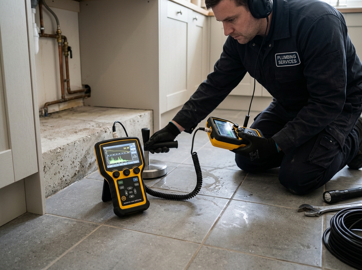 Acoustic ground sensor detecting hidden water leak under foundation slab in Deltona